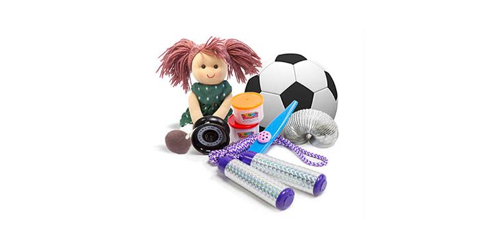 Doll, football, skipping rope