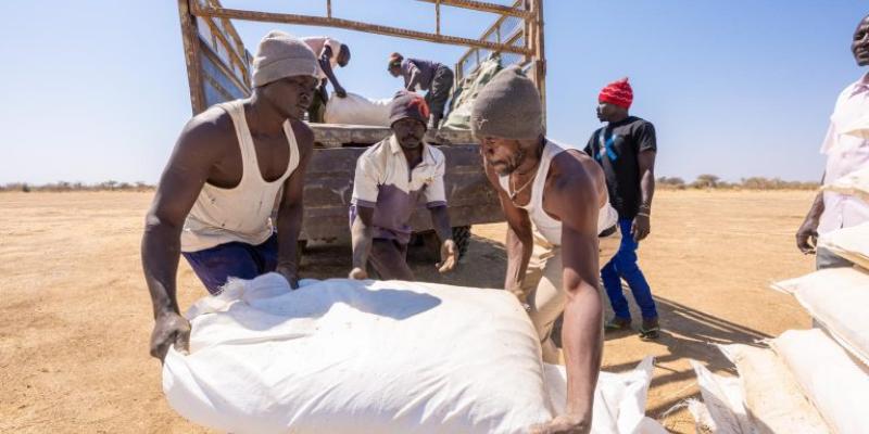 Locals help transport the food from the drop location to people in need.