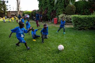 BOYS LOVE TO PLAY SOCCER DURING FREE TIME AT HEART CAMP.